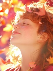 Fototapeta premium Woman Enjoying Autumn Leaves with Blissful Expression