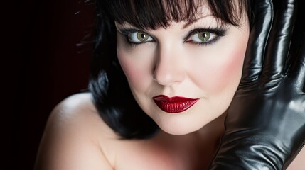 Fototapeta premium A woman in black gloves brings her hand to her face for a close-up, sporting a smear of red lipstick on her cheek