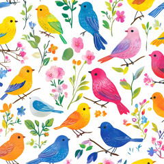 Colorful Birds and Flowers Seamless Pattern.