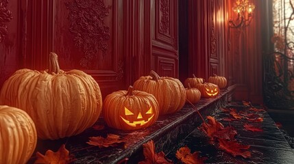 Obraz premium Illuminated Jack o Lanterns on a Haunted Mansion Porch for Halloween