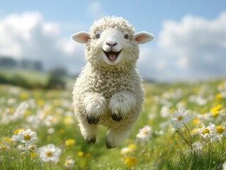 Fototapeta premium happy sheep joyfully jumping in a vibrant green field, isolated against a bright blue sky, capturing a playful and carefree spirit that embodies the essence of pastoral life