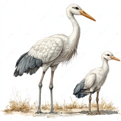 Obraz premium Watercolor Illustration of Adult and Baby Stork Standing in Grass