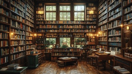 Fototapeta premium Cozy library filled with books and natural light.