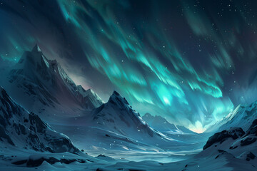Dramatic northern lights over rugged mountain peaks at night with a dark blue sky.