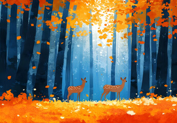 Two Deer in an Autumn Forest.