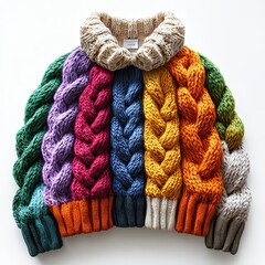 Colorful Knitted Sweater Mockup   Isolated Rainbow Cable Knit Design