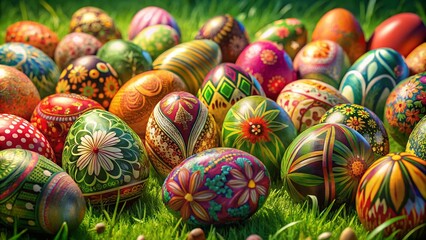 Obraz premium Vibrant Painted Easter Eggs on Lush Green Background for Spring Celebrations