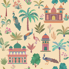 Seamless pattern with Indian gardens design elements set, garden trees, palms, peacock architectural arches and palaces