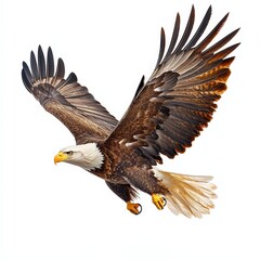 Obraz premium Majestic Bald Eagle Soaring in Flight Isolated on White Background