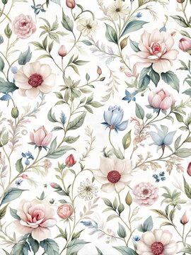 Fototapeta white Floral Pattern with Delicate Blooms and Green Foliage on a White Background