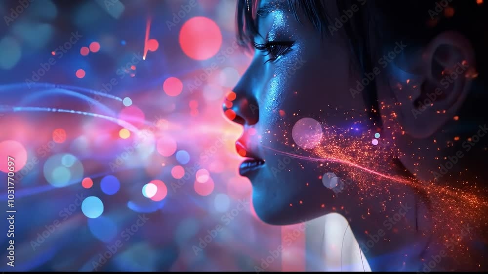 Poster A womans silhouette is contrasted against a surreal background lighting up with vibrant colors and swirling patterns, creating a captivating and enchanting ambiance.