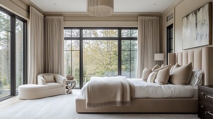 Fototapeta premium Elegant and Cozy Modern Bedroom Interior Design with Stylish Decor, mockup, poster and Background