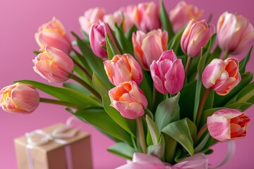 Obraz premium A vase filled with lots of pink tulips