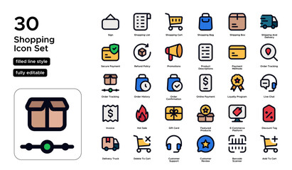 Shopping Filled Line Icon Set: Purchases, Retail Experiences, and Consumer Goods Icons