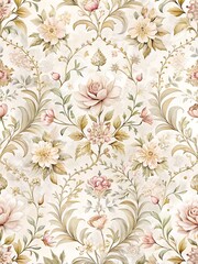Obraz premium Vintage Inspired Floral Pattern with Delicate Blooms and Green Foliage on a White Background