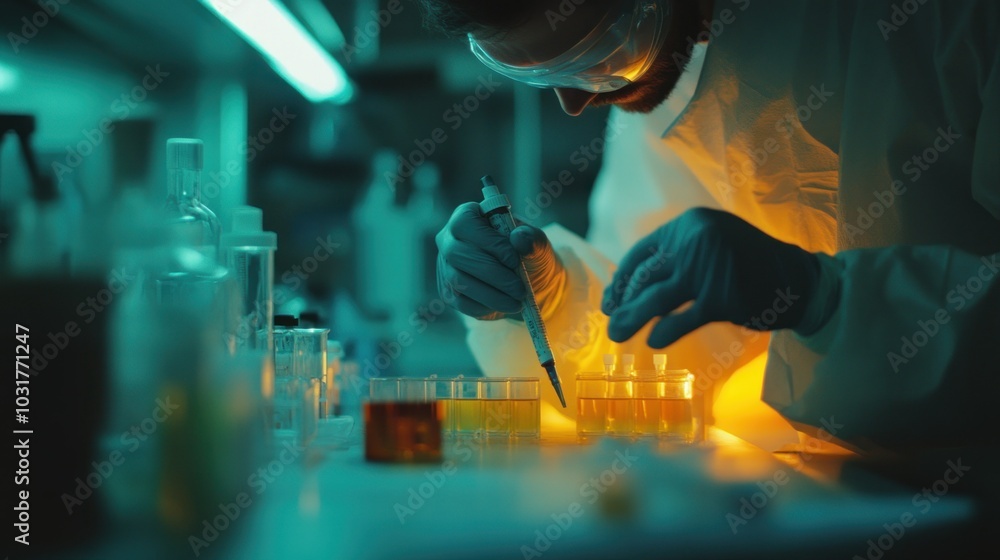 Poster A Scientist in a Lab Coat Using a Pipette to Transfer Liquid into Test Tubes