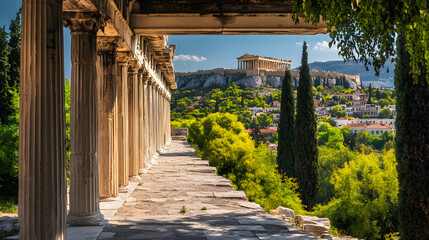The Acropolis framed by the columns of the Stoa of Attalos in the Ancient Agora offering a layered view of Athenian history.