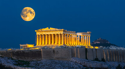 The Acropolis glowing in the soft light of a full moon with the Parthenon standing majestically under the night sky.