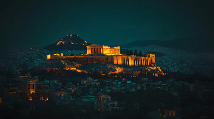 The Acropolis illuminated at night glowing against the dark sky with the city of Athens sprawling below.