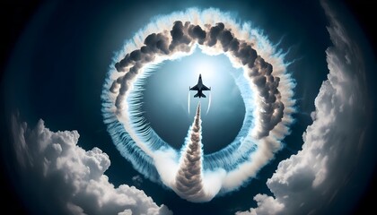 Wide-Angle View of Jet Performing Aerial Acrobatics with Turkish Flag Smoke Trail Against a Blue Sky – Dynamic and Dramatic Aerial Show