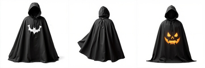 Naklejka premium Three black capes featuring Halloween-themed designs: a bat, a ghost, and a pumpkin, perfect for costumes and festive celebrations.