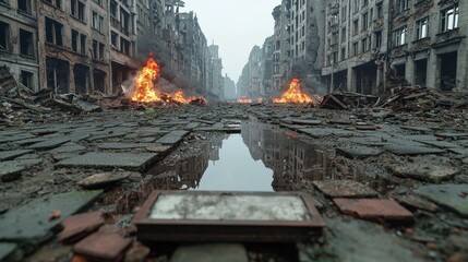 Post Apocalyptic Cityscape  Ruins  Fire  and Reflection