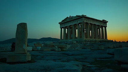 The Acropolis lit by the last rays of the setting sun with the ruins glowing warmly against the darkening sky.