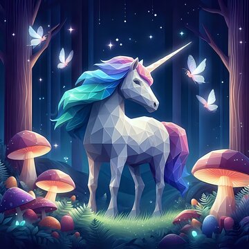 colorful unicorn in forest with polygon style