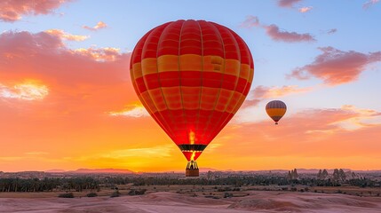 Naklejka premium Colorful hot air balloons ascend into a vibrant sunset sky, creating a picturesque view of adventure and tranquility.
