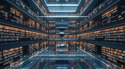 Futuristic Library with Reflective Floors and Illuminated Bookshelves