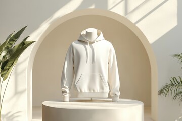 Mockup of a plain white hoodie displayed on a mannequin against a soft, neutral background. Ideal for branding, clothing design, or product advertising.