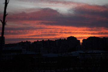 sunset, sky, clouds, city, sun, silhouette, sunrise, evening, orange, cloud, dusk, night, nature, building, skyline, urban, red, landscape, blue, light, dark, buildings, cityscape, architecture, dawn