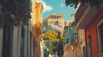 The Acropolis viewed from the narrow streets of Plaka with traditional Greek houses in the foreground leading the eye up to the ancient ruins.