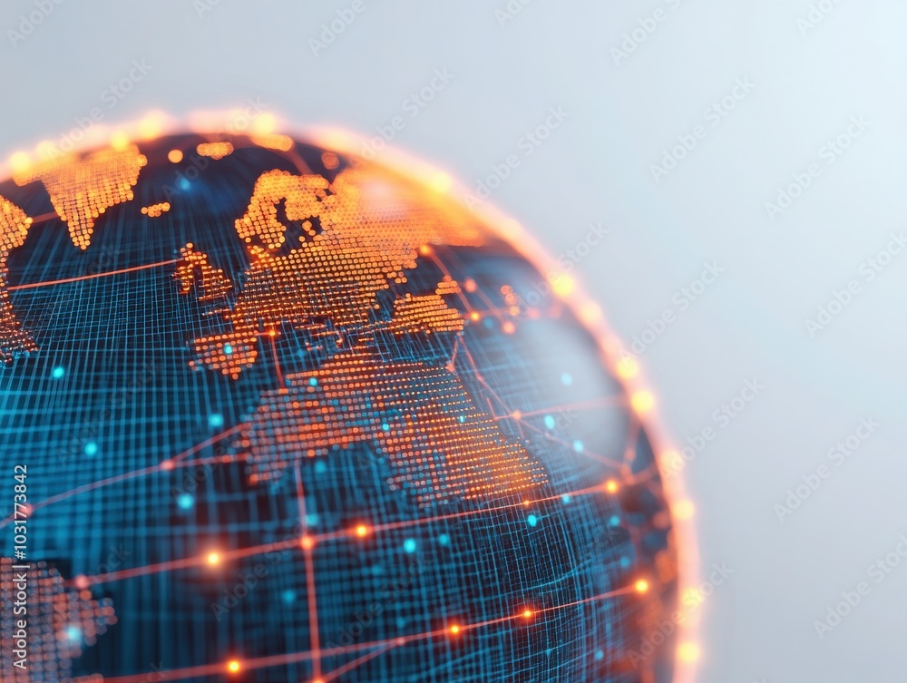 Poster a close-up view of a digital globe with glowing connections, representing global communication and t