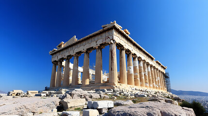 The ancient Parthenon standing proudly atop the Acropolis in Athens under a bright clear blue sky.