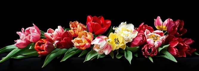 A vibrant array of red, pink, yellow, and white tulips on a black background.
