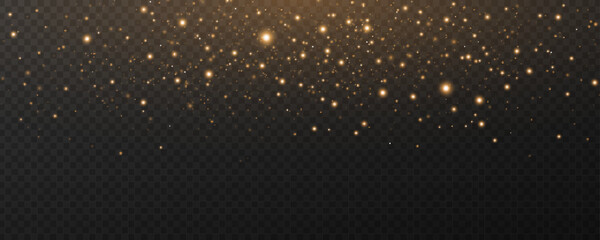 Falling golden magic dust. Bright blurred lights isolated on dark transparent background. Abstract glowing stardust with bokeh. Glares and flares. Vector illustration. EPS 10.