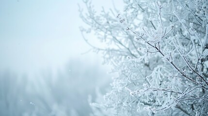 Tree branches covered with snow in winter, close-up, background