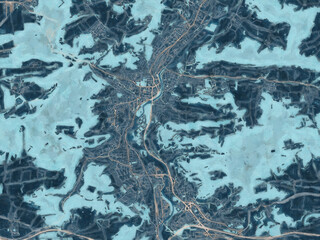 Painterly Style City Map of Jena, Germany in a Blue Color Scheme.