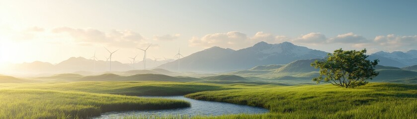 Beautiful landscape with rolling hills, a serene river, and distant mountains under a clear blue sky.