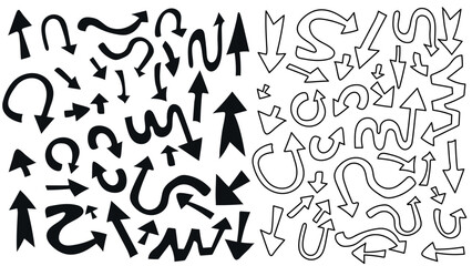 Black and white arrows point in various directions and various arrow shapes, straight, curved, circular, curved