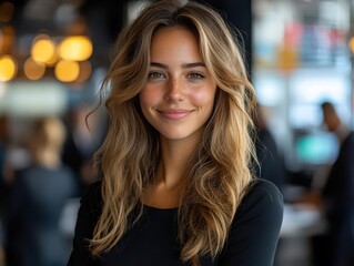 Obraz premium joyful female accountant stands at her firm's entrance, radiating pride and success, surrounded by financial charts and bustling investors. the ambiance is one of achievement and aspiration