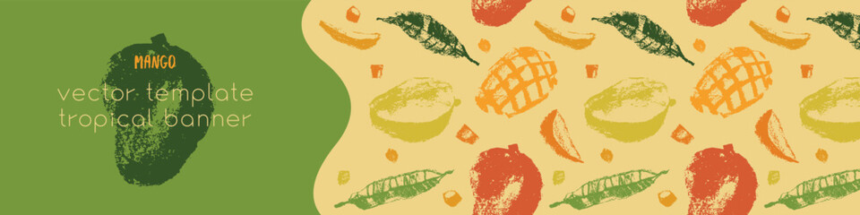 Template mango banner design with vector tropical fruits pattern. Tropical fruit drawings. Color sketches of organic mangoes. Exotic fruit ornament. Mangos label background.