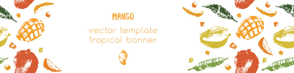 Template mango banner design with vector tropical fruits pattern. Tropical fruit drawings. Color sketches of organic mangoes. Exotic fruit ornament. Mangos label background.