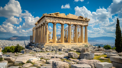 The Parthenon seen from the rooftop of a nearby building with the urban sprawl of Athens surrounding the ancient monument.