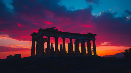 Fototapeta premium The Parthenon silhouetted against the vibrant colors of the sunset on the Acropolis with a glowing sky above Athens.
