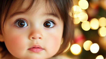 Adorable baby with wide eyes gazes curiously at festive holiday lights, AI