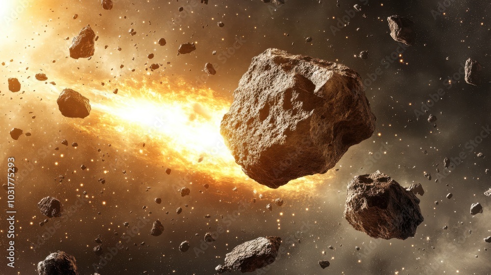 Poster 3d spacecraft navigating through asteroid field