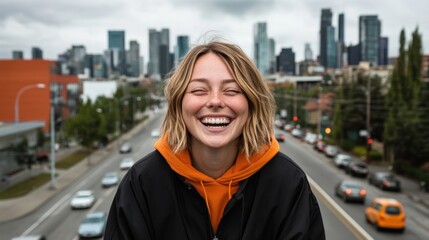 Fototapeta premium Smiling woman in an orange hoodie with a city skyline backdrop, AI