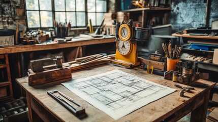 Fototapeta premium Vintage Workshop with Blueprints